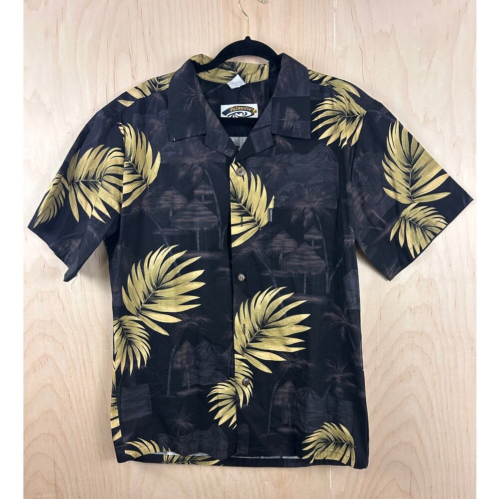Palmwave Hawaiian Shirt‎ Mens M Black Gold Palm Leaves Aloha Button Up